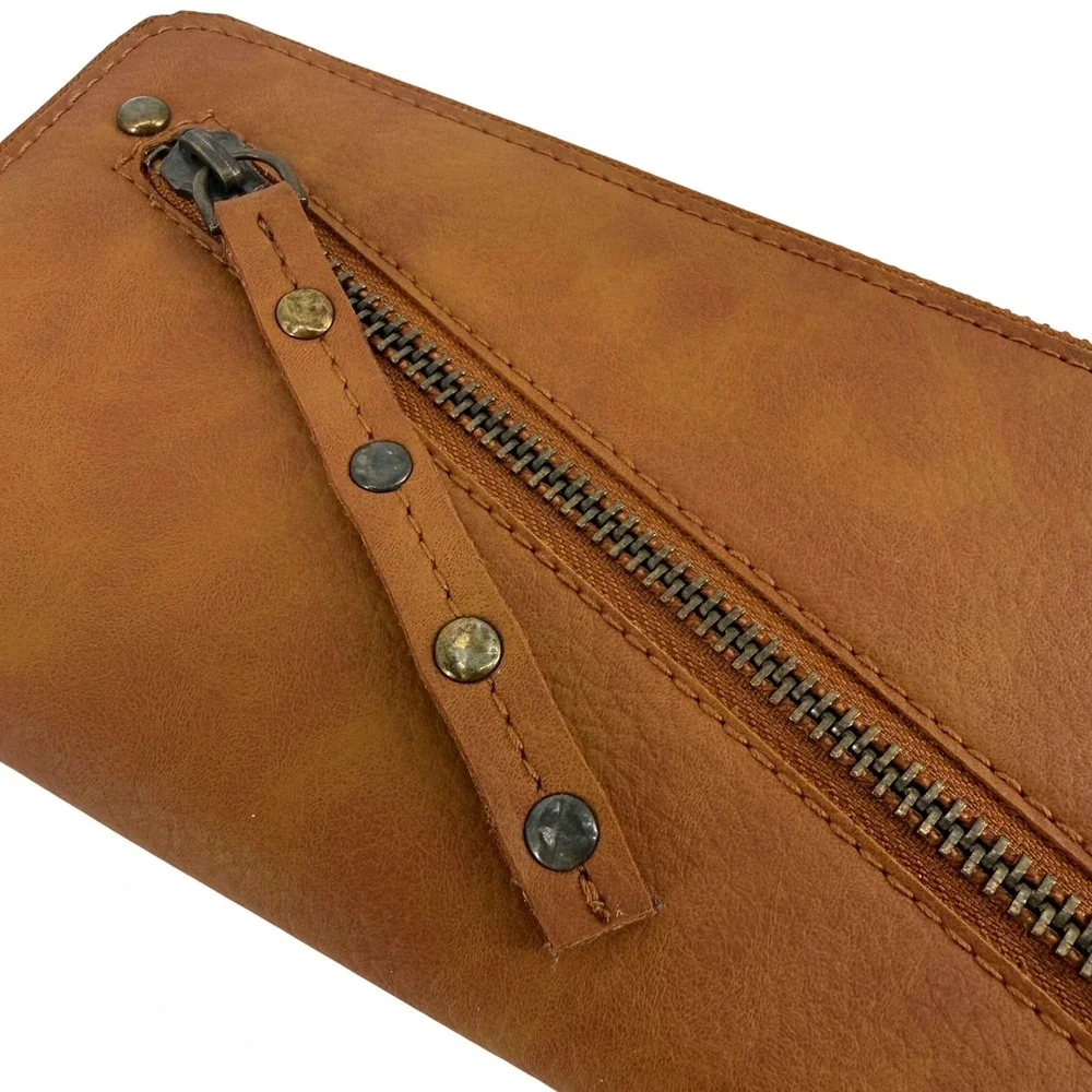NWOT Free People Vegan Leather Wristlet Zip Wallet Cognac Brown Studded Boho‎